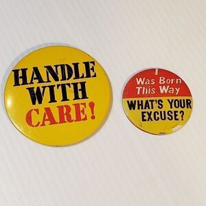 Vintage Novelty Pins Buttons Handle with Care
